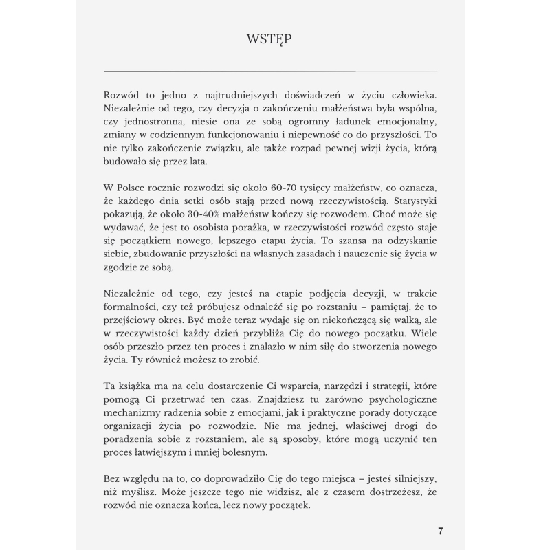 Przykładowa strona e-booka "Jak przetrwać rozwód" – wprowadzenie do tematyki rozwodu, opis emocji i pierwszych kroków.