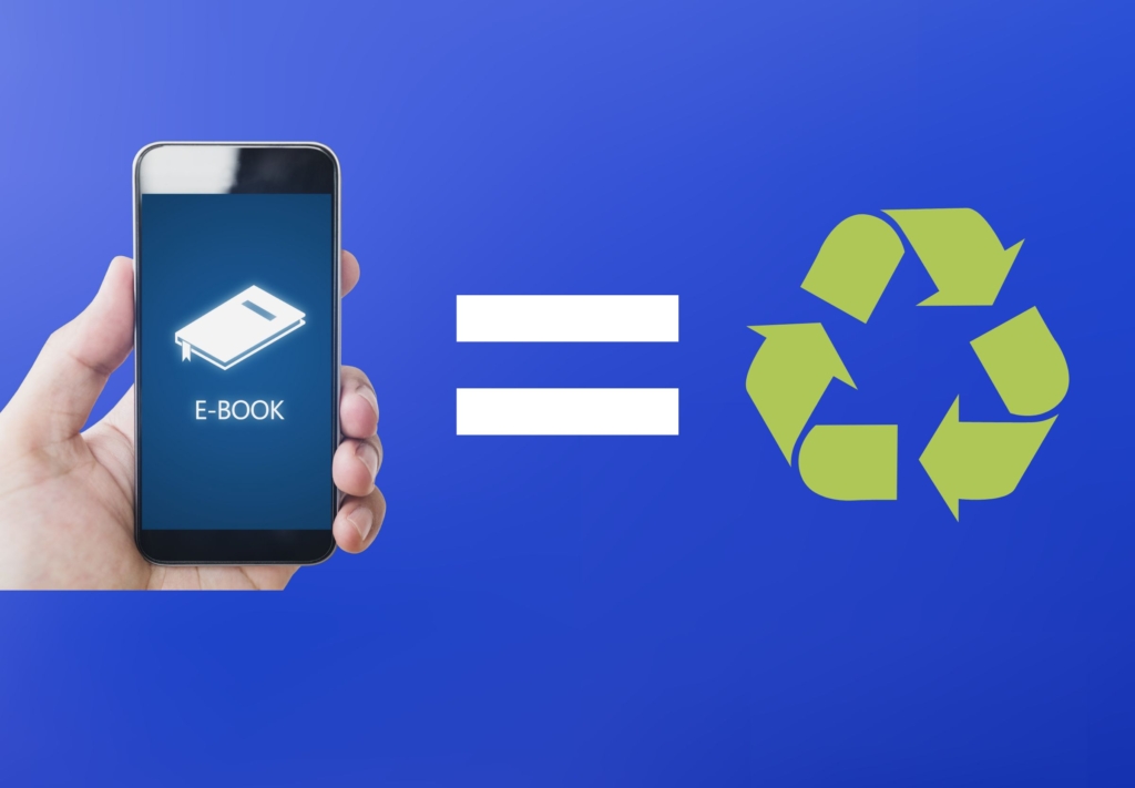 E-book na ekranie smartfona obok symbolu recyklingu, przedstawiający zależność między czytaniem cyfrowym a ekologią.