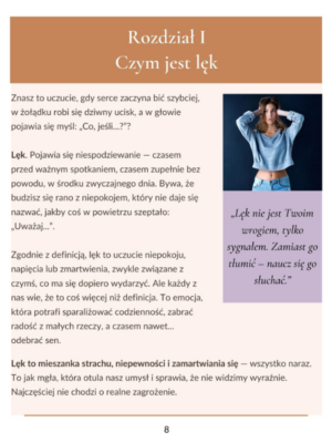 Strony z e-booka „Gdy lęk i niepokój nie chcą odejść – Jak odzyskać spokój krok po kroku” przedstawiające fragmenty treści oraz ilustracje wspierające proces odzyskiwania wewnętrznego spokoju.