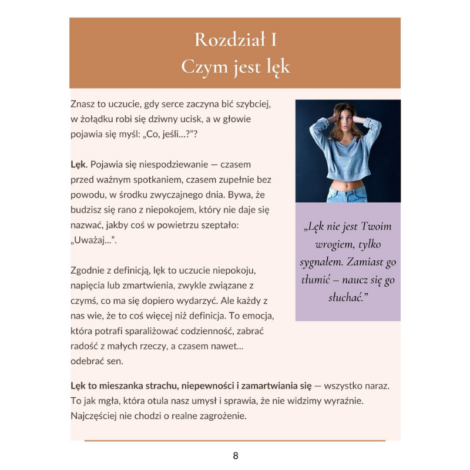 Strony z e-booka „Gdy lęk i niepokój nie chcą odejść – Jak odzyskać spokój krok po kroku” przedstawiające fragmenty treści oraz ilustracje wspierające proces odzyskiwania wewnętrznego spokoju.