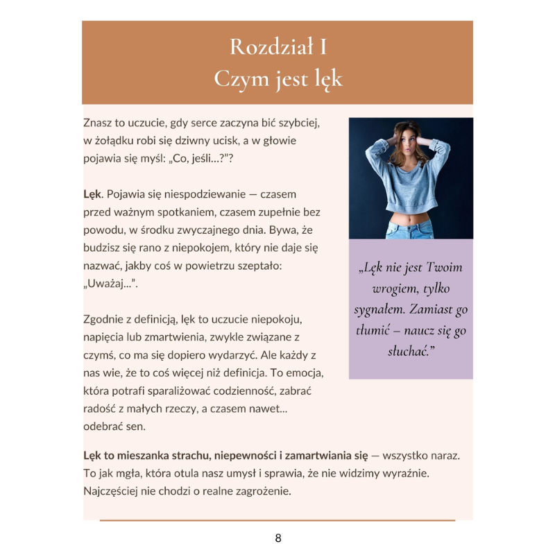 Strony z e-booka „Gdy lęk i niepokój nie chcą odejść – Jak odzyskać spokój krok po kroku” przedstawiające fragmenty treści oraz ilustracje wspierające proces odzyskiwania wewnętrznego spokoju.