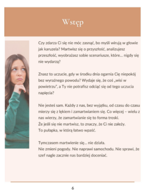 Strony z e-booka „Gdy lęk i niepokój nie chcą odejść – Jak odzyskać spokój krok po kroku” przedstawiające fragmenty treści oraz ilustracje wspierające proces odzyskiwania wewnętrznego spokoju.