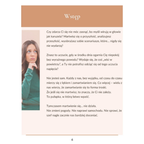 Strony z e-booka „Gdy lęk i niepokój nie chcą odejść – Jak odzyskać spokój krok po kroku” przedstawiające fragmenty treści oraz ilustracje wspierające proces odzyskiwania wewnętrznego spokoju.