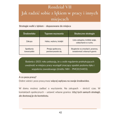 Strony z e-booka „Gdy lęk i niepokój nie chcą odejść – Jak odzyskać spokój krok po kroku” przedstawiające fragmenty treści oraz ilustracje wspierające proces odzyskiwania wewnętrznego spokoju.