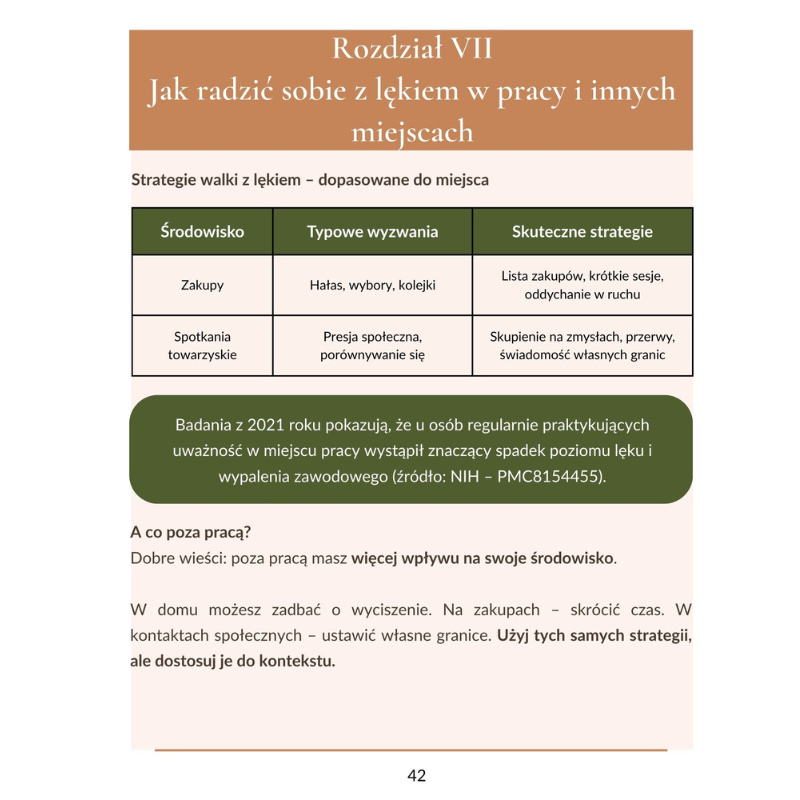 Strony z e-booka „Gdy lęk i niepokój nie chcą odejść – Jak odzyskać spokój krok po kroku” przedstawiające fragmenty treści oraz ilustracje wspierające proces odzyskiwania wewnętrznego spokoju.