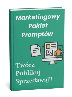 Okładka e-booka „Marketingowy Pakiet Promptów” z hasłem „Twórz, Publikuj, Sprzedawaj” i ikoną monitora z megafonem.