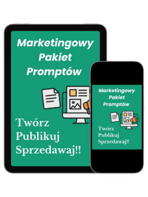 Okładka e-booka „Marketingowy Pakiet Promptów” z hasłem „Twórz, Publikuj, Sprzedawaj” i ikoną monitora z megafonem.
