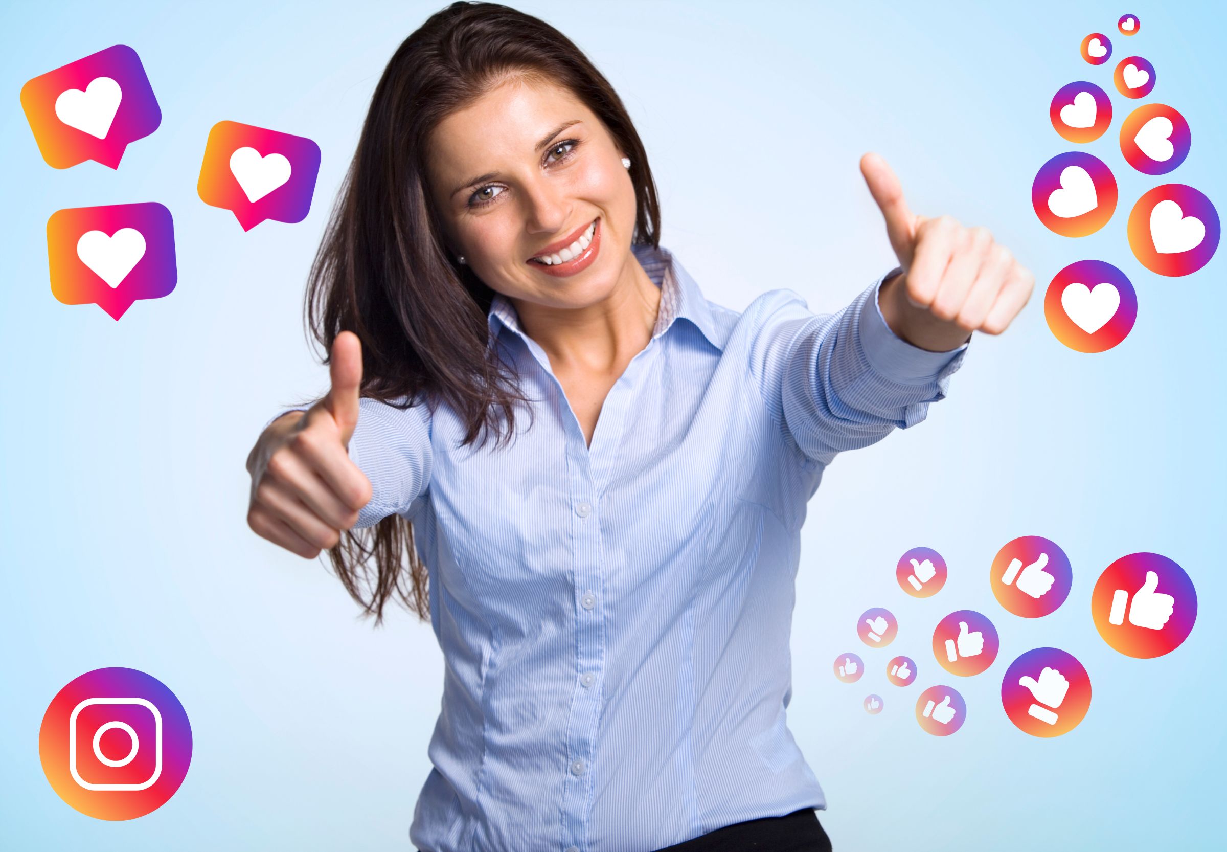 Kobieta z uniesionymi kciukami na tle ikon Instagrama – strategia rozwoju profilu w social media w 2025 roku