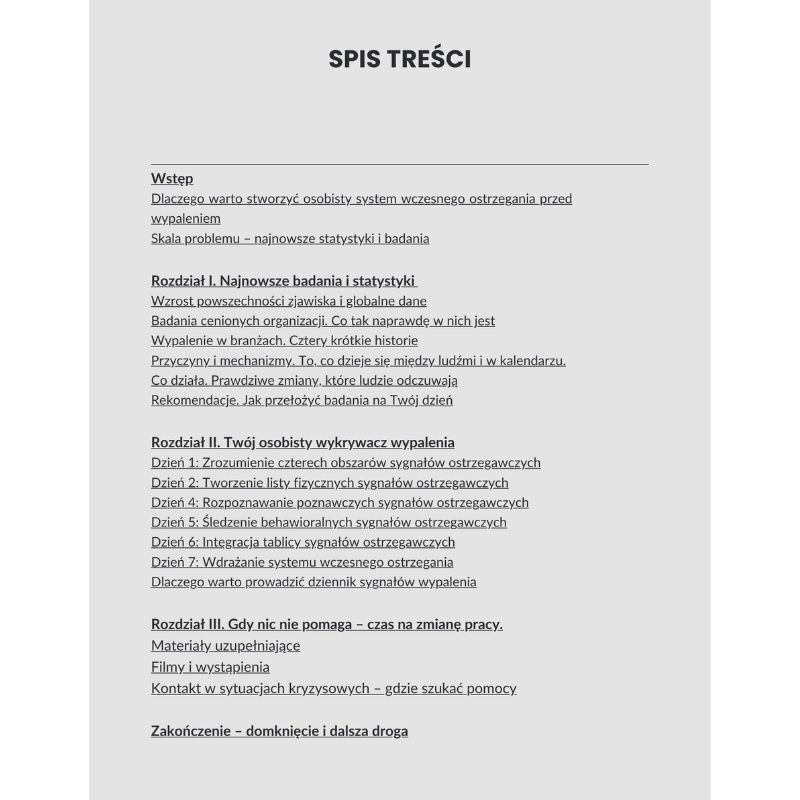 „Przykładowa strona e-booka Wypalenie zawodowe – fragment poradnika z tabelą i treścią”