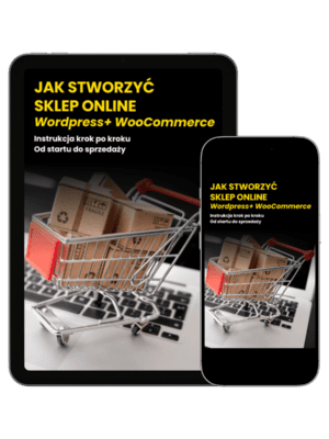 Okładka a-booka „Sklep online WordPress + WooCommerce – praktyczny plan krok po kroku od A do Z” z miniaturowym koszykiem i paczkami na tle laptopa.