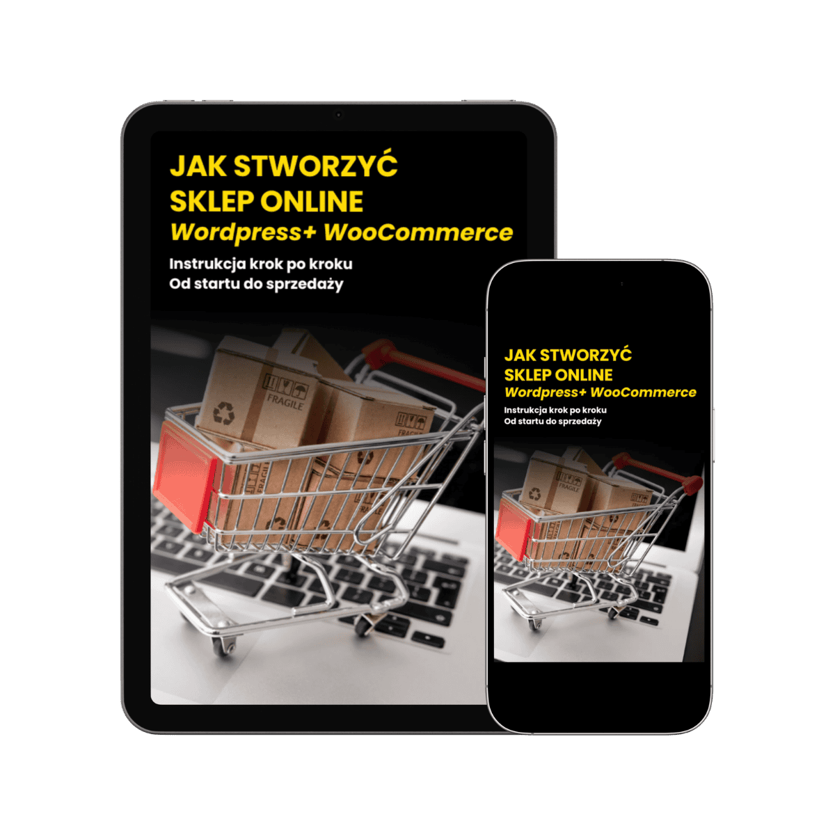 Okładka a-booka „Sklep online WordPress + WooCommerce – praktyczny plan krok po kroku od A do Z” z miniaturowym koszykiem i paczkami na tle laptopa.