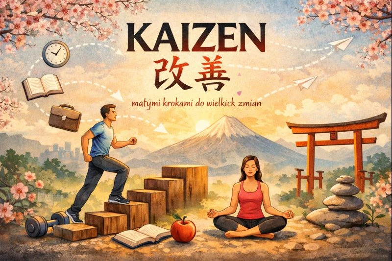 Ilustracja symbolizująca filozofię Kaizen w życiu codziennym – małe kroki, spokojny rozwój, równowaga między działaniem a uważnością