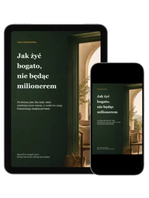 Zielona okładka e-booka z dużym białym tytułem i widokiem słonecznego tarasu przez otwarte przejście