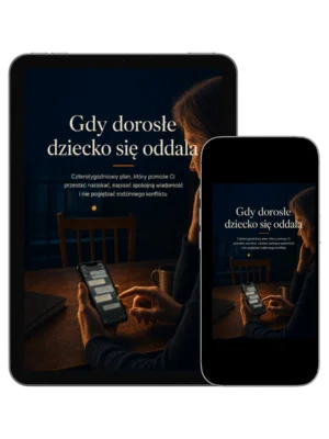 Biała okładka e-booka z granatowym tytułem „Gdy dorosłe dziecko się oddala” i szarym podtytułem
