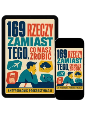 : Beżowa okładka e-booka z dużą pomarańczową liczbą 169, czarnym tytułem i ikonami codziennych czynności połączonymi linią