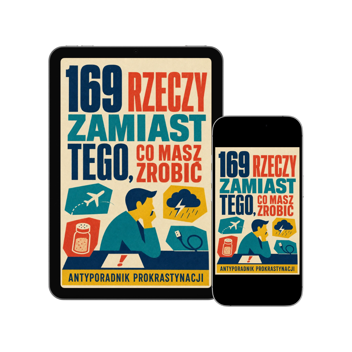 : Beżowa okładka e-booka z dużą pomarańczową liczbą 169, czarnym tytułem i ikonami codziennych czynności połączonymi linią