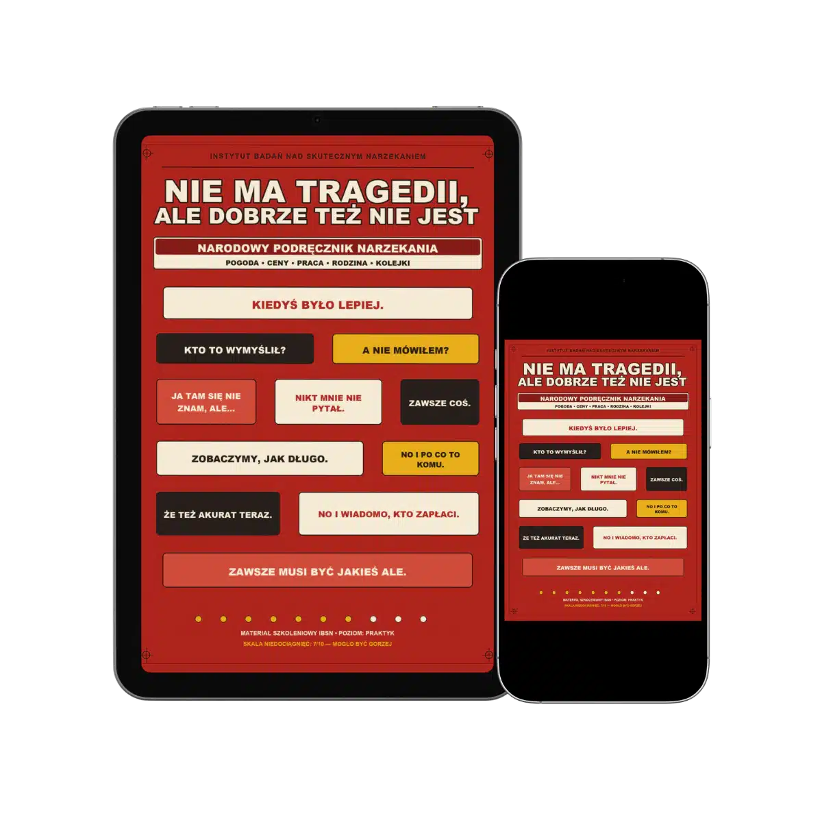 Beżowa okładka e-booka „Nie ma tragedii, ale dobrze też nie jest” z ikoną lupy i brązowym typograficznym tytułem.