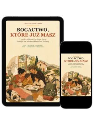 Minimalistyczna biała okładka z brązowo-pomarańczowym tytułem „Bogactwo, które już masz” i zielonym hasłem o wartości bez ceny