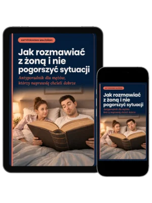Ilustrowana okładka e-booka przedstawiająca męża czytającego dużą instrukcję oraz siedzącą obok żonę