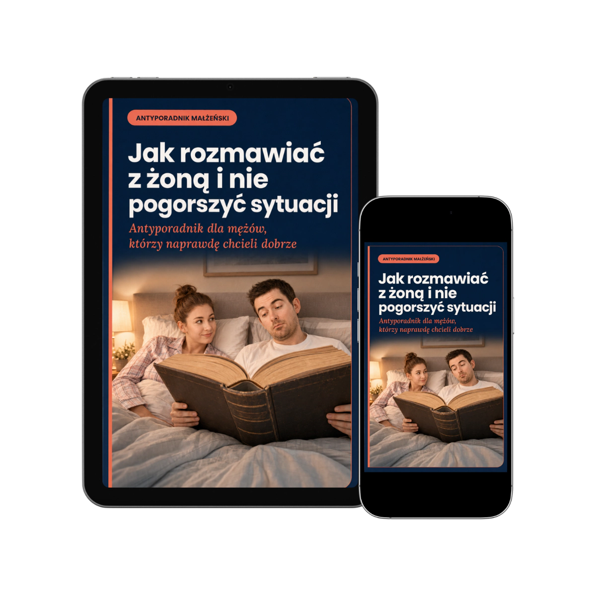 Ilustrowana okładka e-booka przedstawiająca męża czytającego dużą instrukcję oraz siedzącą obok żonę